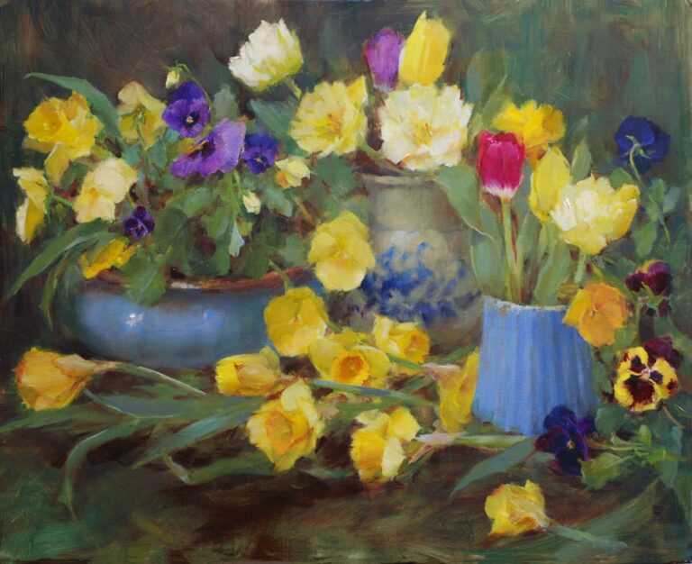 painting of a planter and two vases filled with roses, tulips, violets and other flowers
