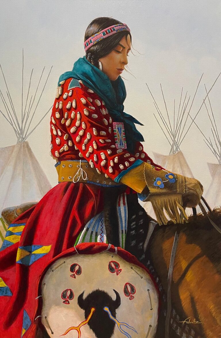 painting of a young native american woman on a horse with teepees in the background