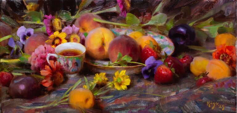 painting of an array of peaches, berries and brightly colored flowers on a table