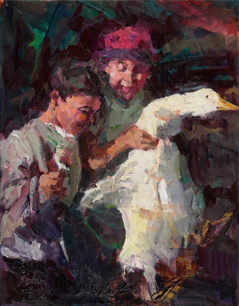 painting of two boys holding a goose