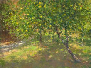 painting of an apple tree laden with fruit