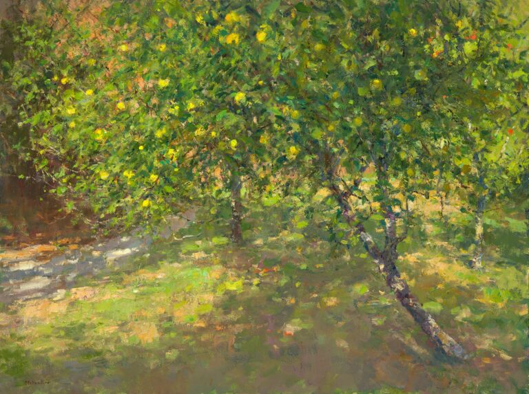 painting of an apple tree laden with fruit