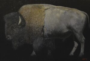 painting of a bison facing left, side view.