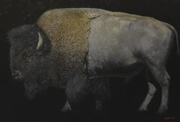 painting of a bison facing left, side view.