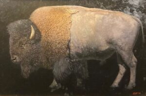 painting of a bison facing left, side view.