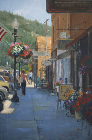 image of a painting by richard boyer of people shopping in downtown philipsburg, montana
