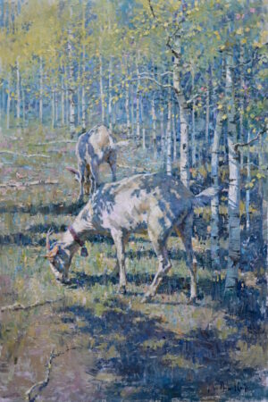 image of a painting by john michael carter od two dappled goats grazing beneath the trees