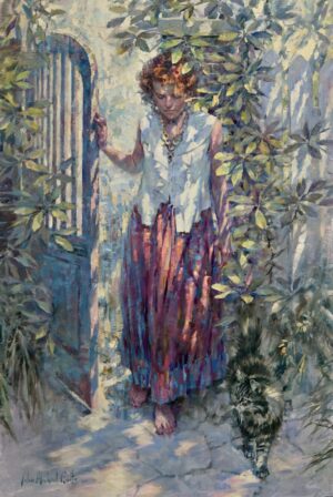 image of a painting by John Michael carter of a woman standing at a garden gate