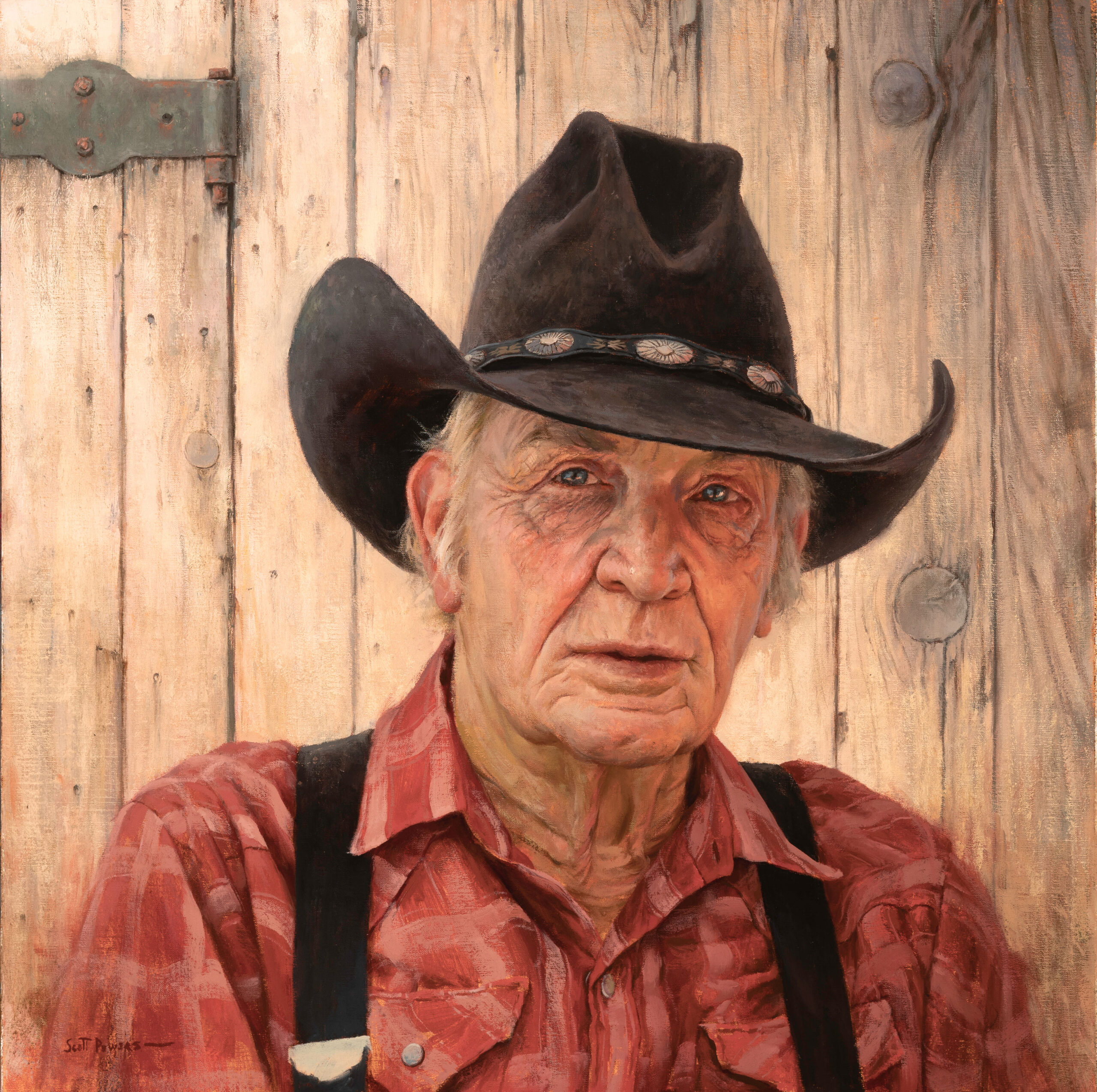 image of a painting by scott tallman powers of a wized-faced cowbot wearing a plaid shirt, suspenders and a stetson