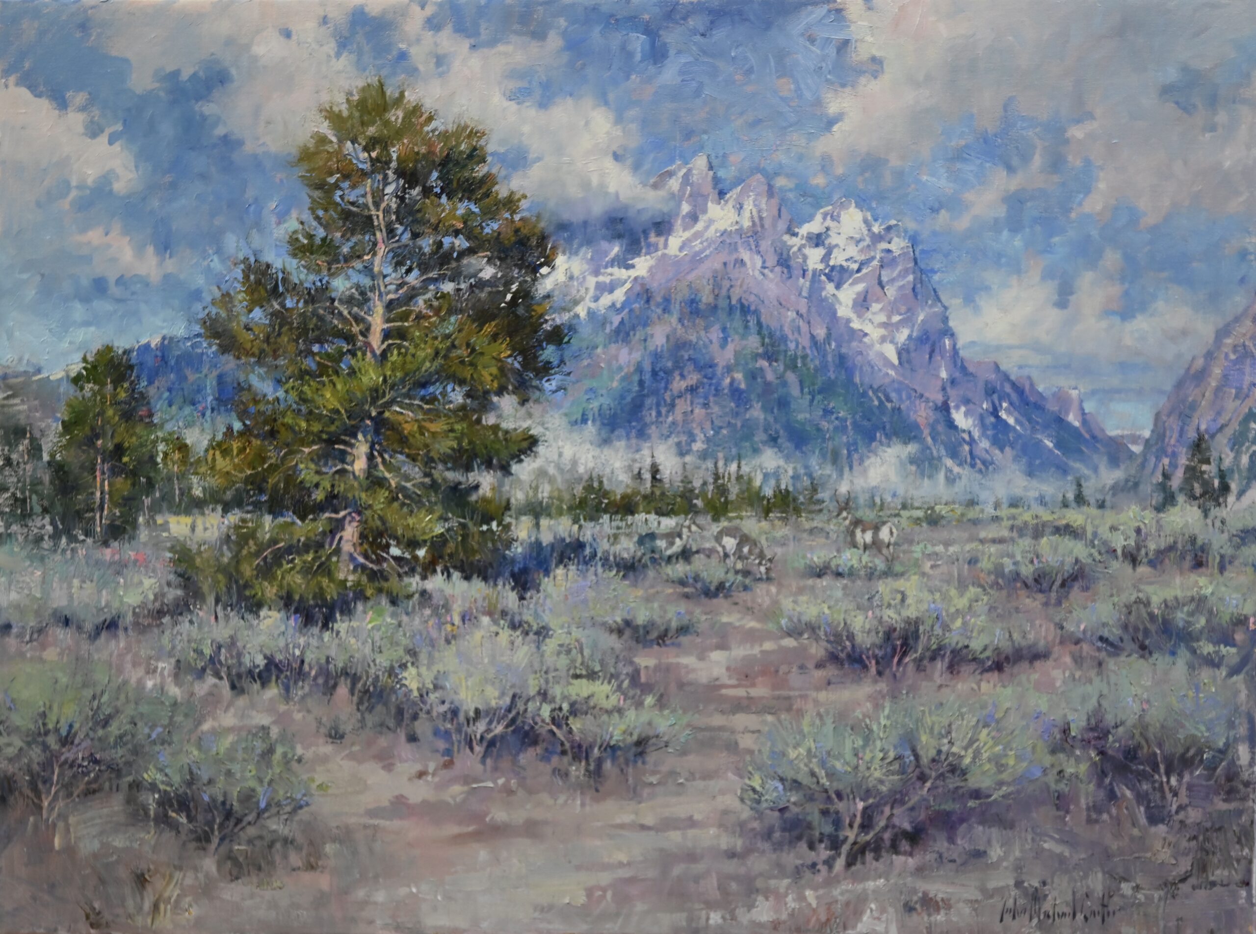 image of a painting by john michael carter of a tree in a valley against a backdrop of the Tetons