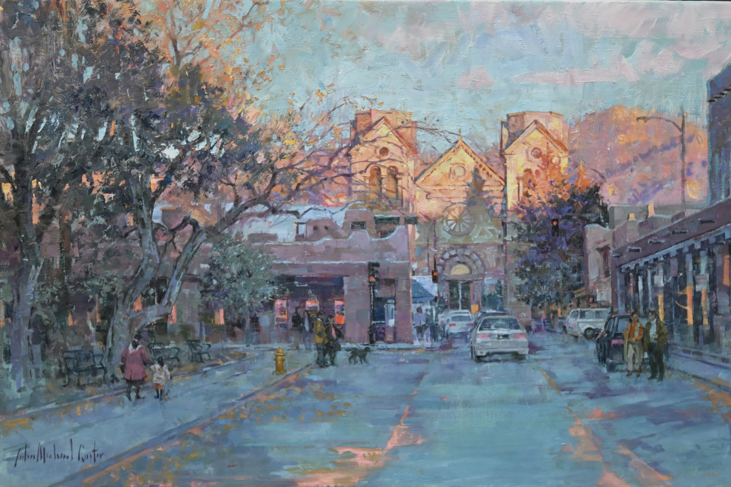 image of a painting by john michael carter of a santa fe street scene in a soft evening glow