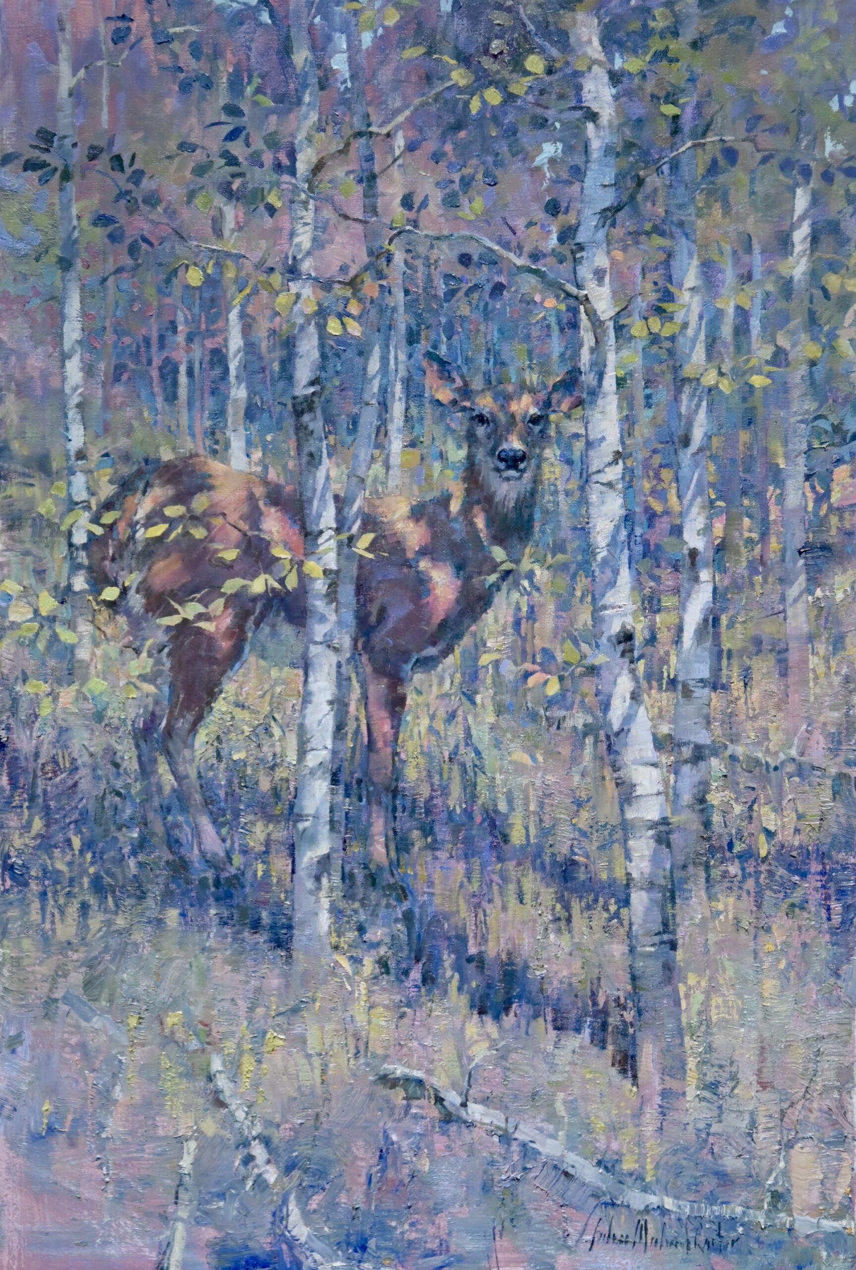 image of a painting by john michael carter of a deer standing in a grove of aspens