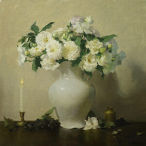 image ofa painting by Elizabeth Robbins of white roses in a white vase, setting on a table with one white rose and a white candle