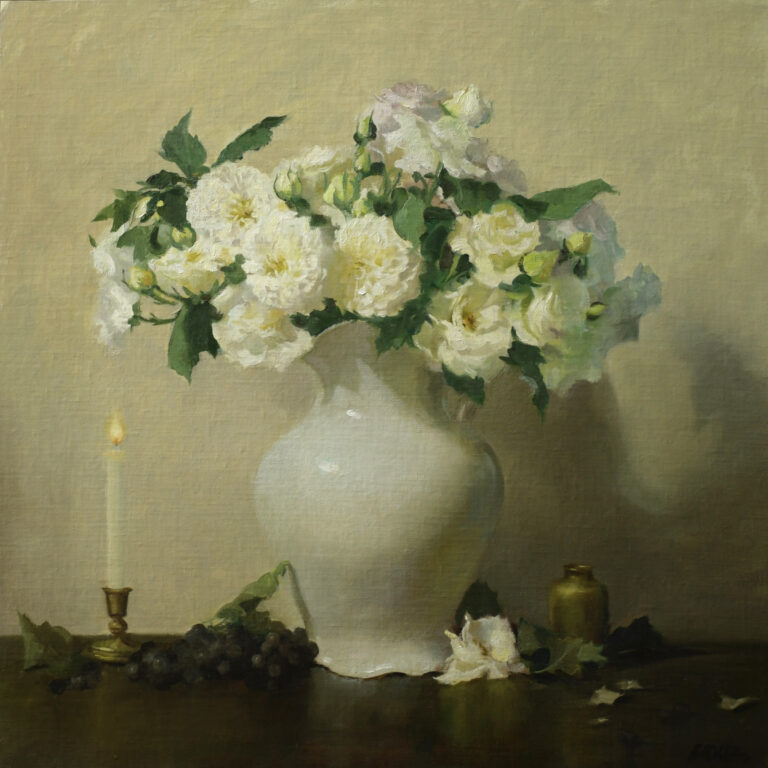 image ofa painting by Elizabeth Robbins of white roses in a white vase, setting on a table with one white rose and a white candle