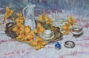 image of a painting by john michael carter of a tray with yellow lilies, and a white tea cup and white pitcher