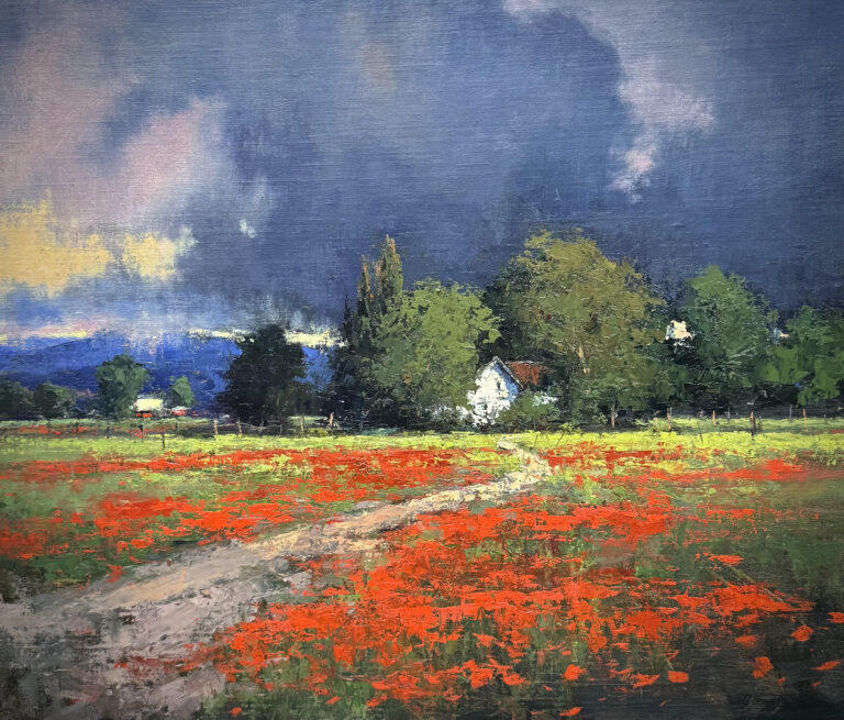 painting by romona younquist of bright poppies in a field with a homestead in the background under a dramatic cloudy sky
