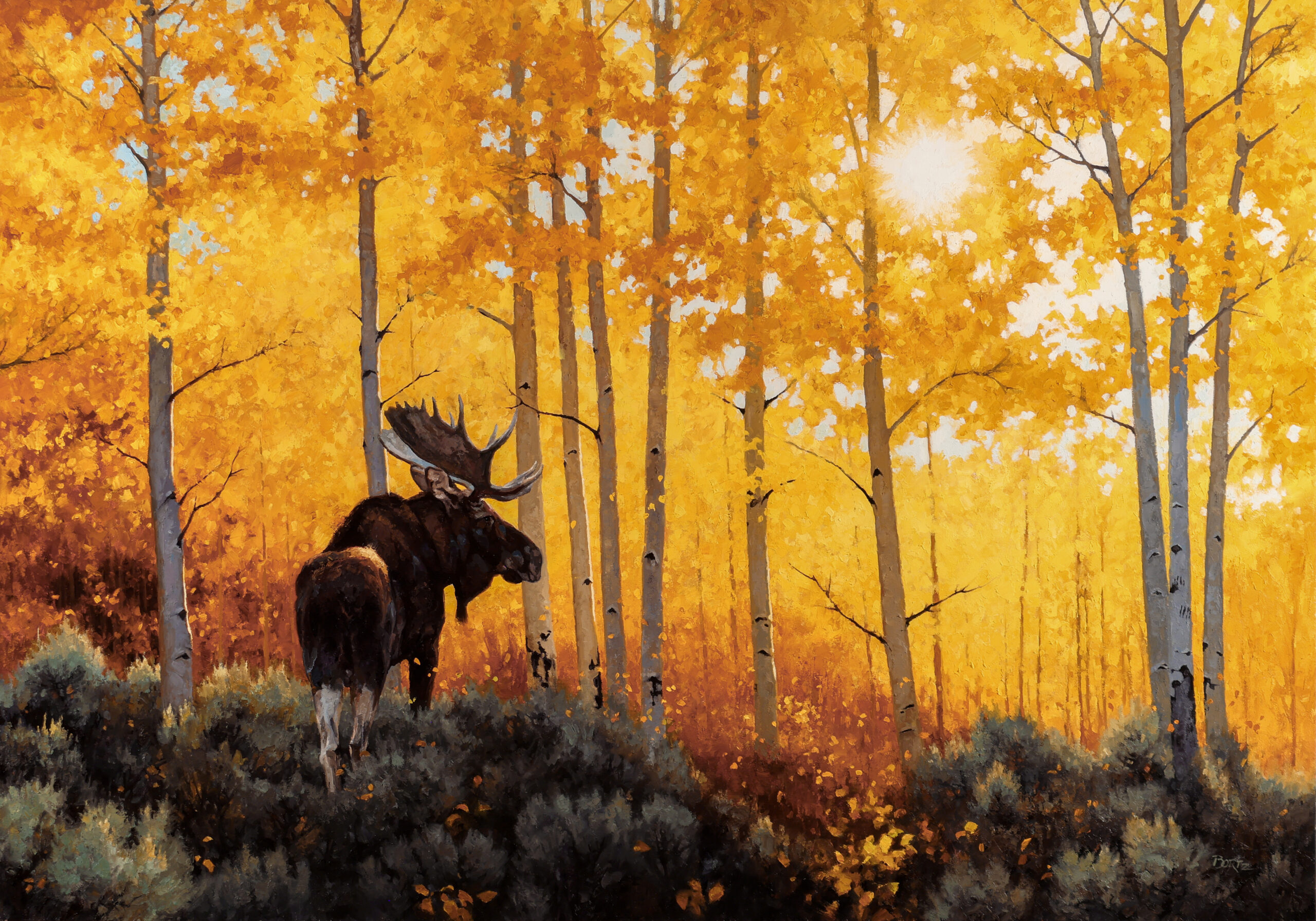 painting by jim bortz of a moose silhouetted with a background of golden trees.
