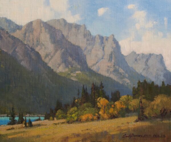 painting by cindy baron of rugged mountains with a stream , and a flatter grassy area with trees