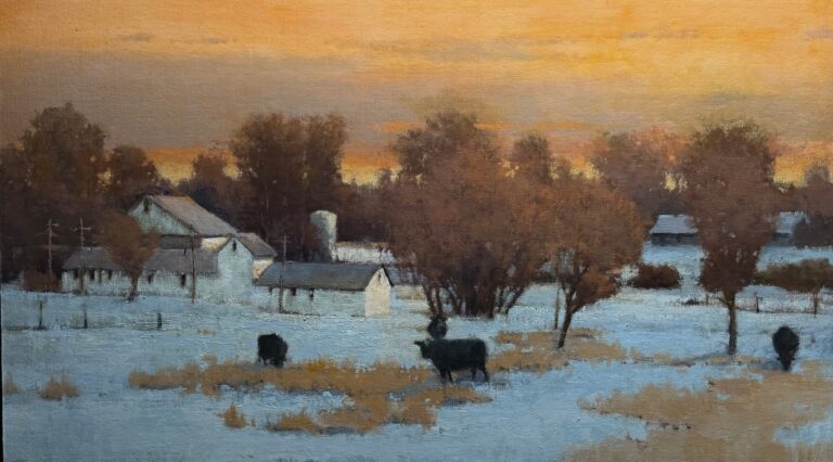 painting by shanna kunz of a wintry scene with cows, trees, snow and a sunset