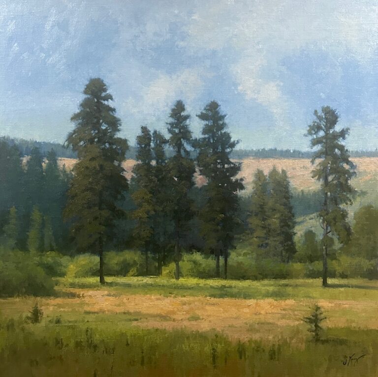 painting by shanna kunz of a tree line in the middle of a field with a mountain rise in the background