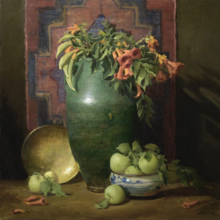 stillife painting by elizabeth robbins of summer foliage in aa pottery vase
