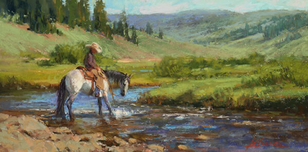 painting by Kim Lordier of a horse and rider at the edge of a creek