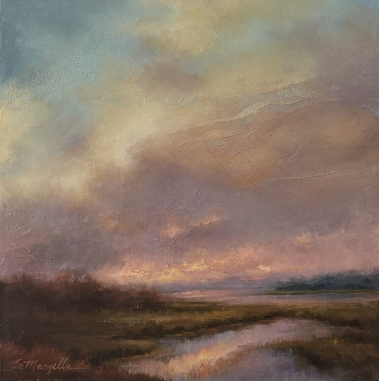 painting by stephanie marzella of a long range view of a river with a beautiful sunrise