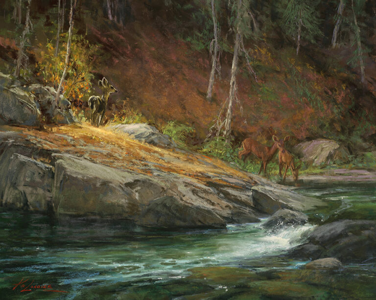 painting by kim lordier of a mountain stream in a quiet setting with three young deer