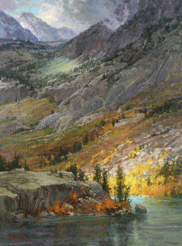 painting by kim lordier of a mountain side with a ray of sunlight shining down
