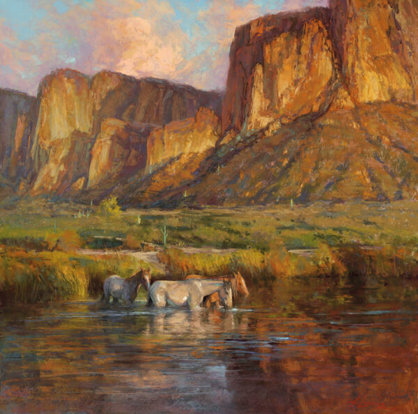 painting by kim lordier of 3 horses crossing a creek during the golden hour with mountains in the background