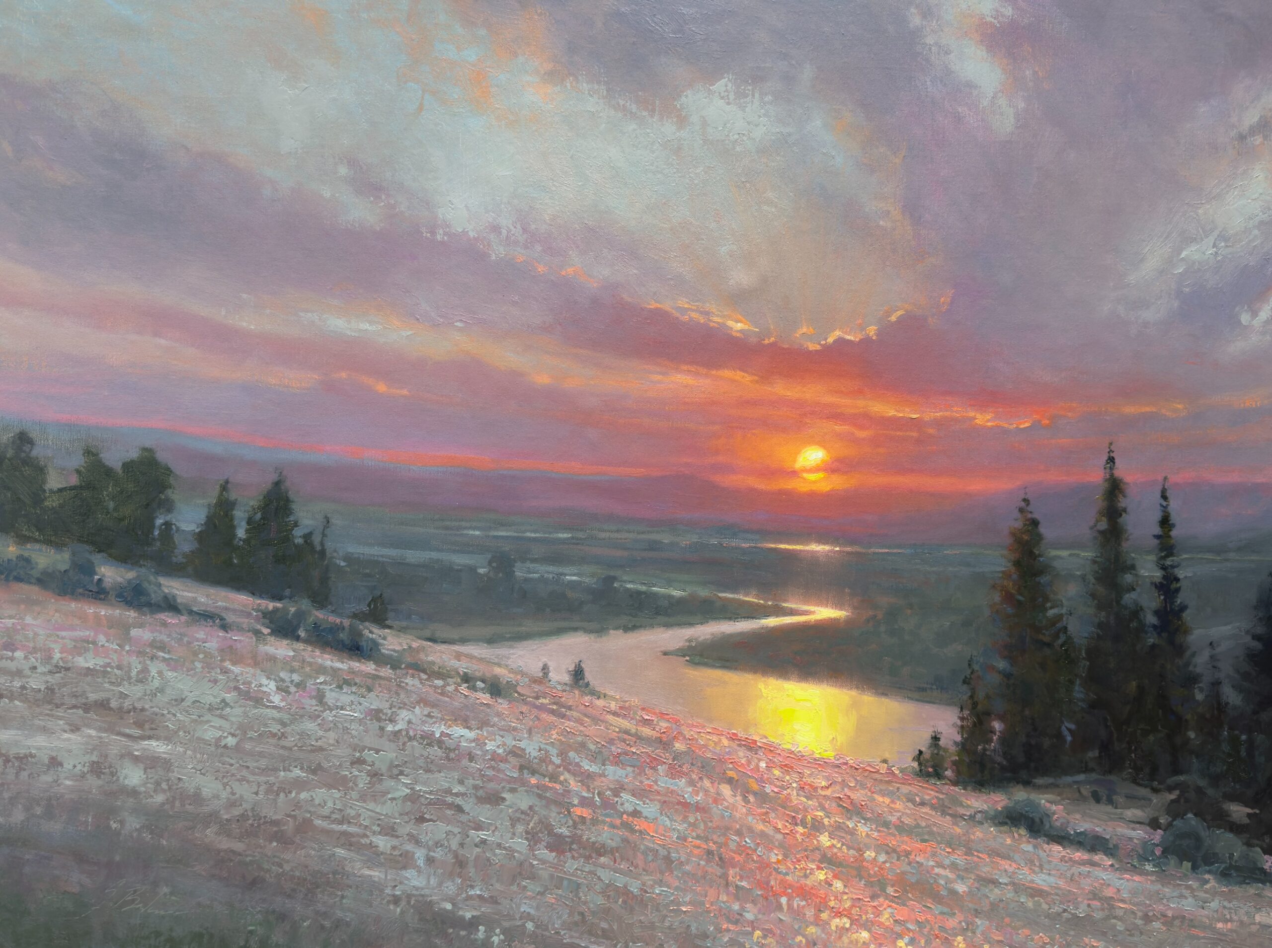 painting by suzie baker of a golden sunset casting glistening reflections on a winding stream