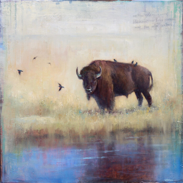 painting by lori mcnee of an ammerican bison standing on golden grass at the edge of a body of water while a few small birds fly nearby