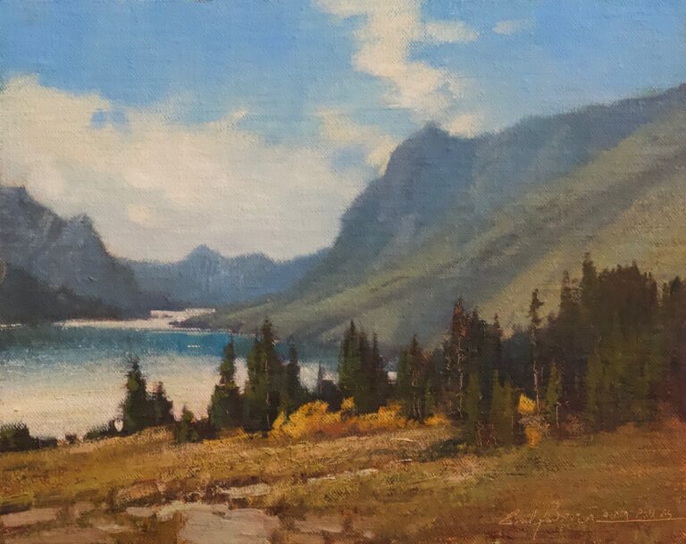 painting by cindy baron of a mountain lake with a grassy area and trees
