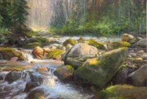 painting by suzie baker of a shimmering river running past boulder covered banks with lush trees in the background