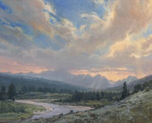 painting by Suzie baker depicting a stream wandering through a valley with mountains in the background