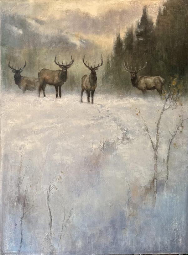 painting by lori mcnee of a snow covered ground with a small herd of elk facing forward