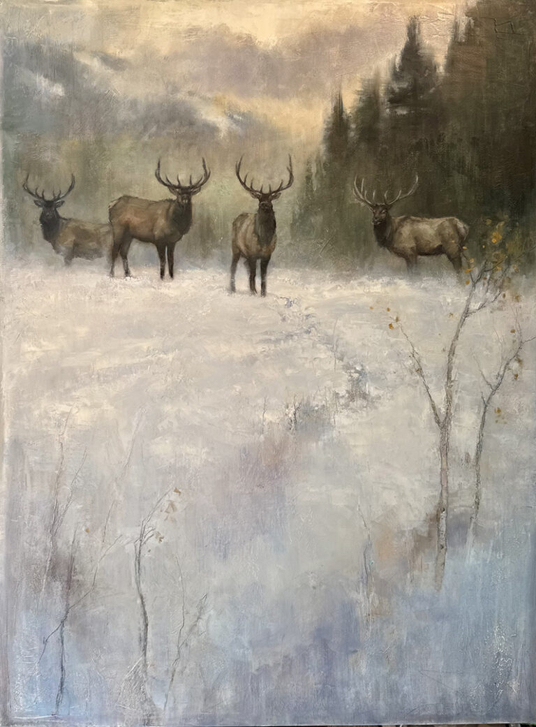 painting by lori mcnee of a snow covered ground with a small herd of elk facing forward