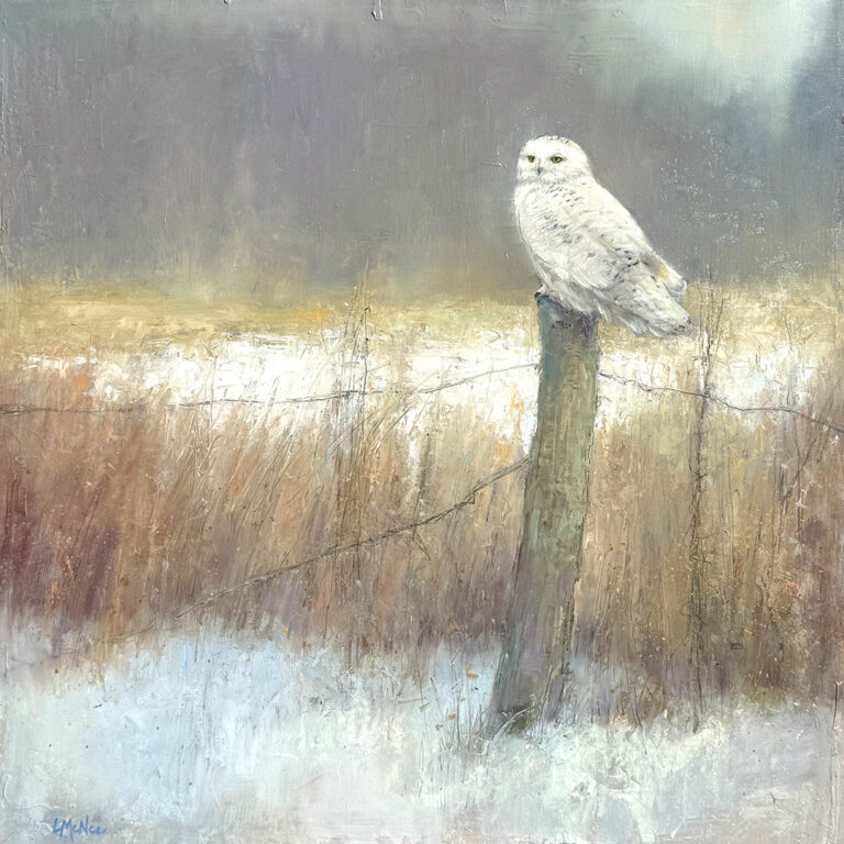 painting by lori mcnee of a snowy owl sitting on a tall tree stump overlooking a snow covered field with tall dried grassas