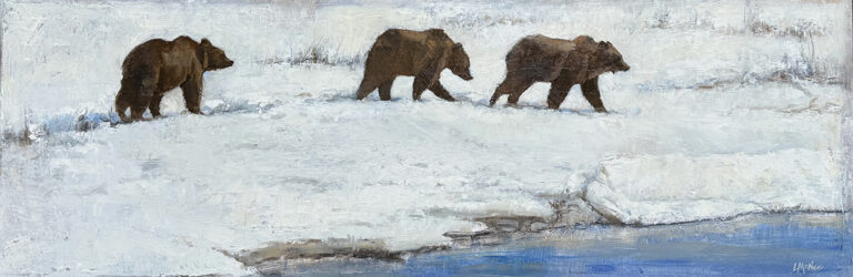 painting by lori mcnee of two grizzly bears walking along snow covered ground beside the edge of a lake or stream