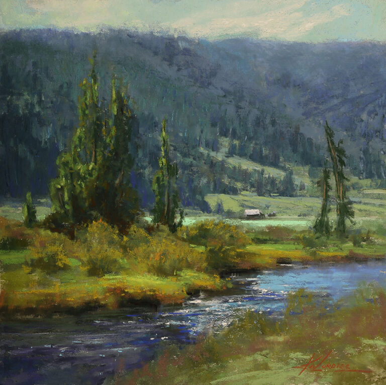 painting by Kim Lordier of a river running through a green valley with a background of mountains
