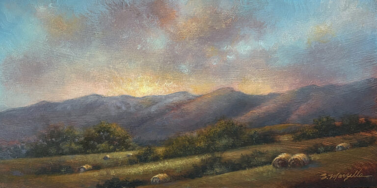painting by stephanie marzella of a mountainside farm with the sun settin gover the ridge