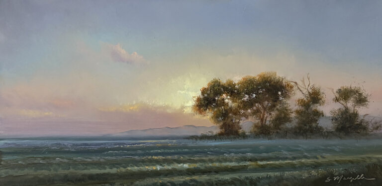 painting by stephanie marzella of a sunset shilohette of a tree