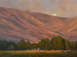 painting by suzie baker of a long view of a valley homestead nestled at the foot of a tall mountain, with the moon rising just over the crest.