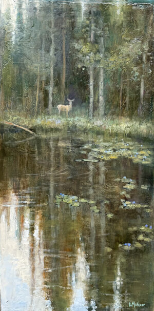 painting by lori mcnee of a deer on the opposite side of a lake looking toward the viewer.