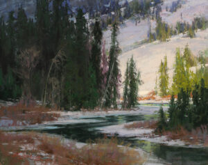 painting by kim lordier of a mountain stream turning through snow covered banks