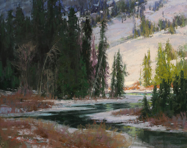 painting by kim lordier of a mountain stream turning through snow covered banks