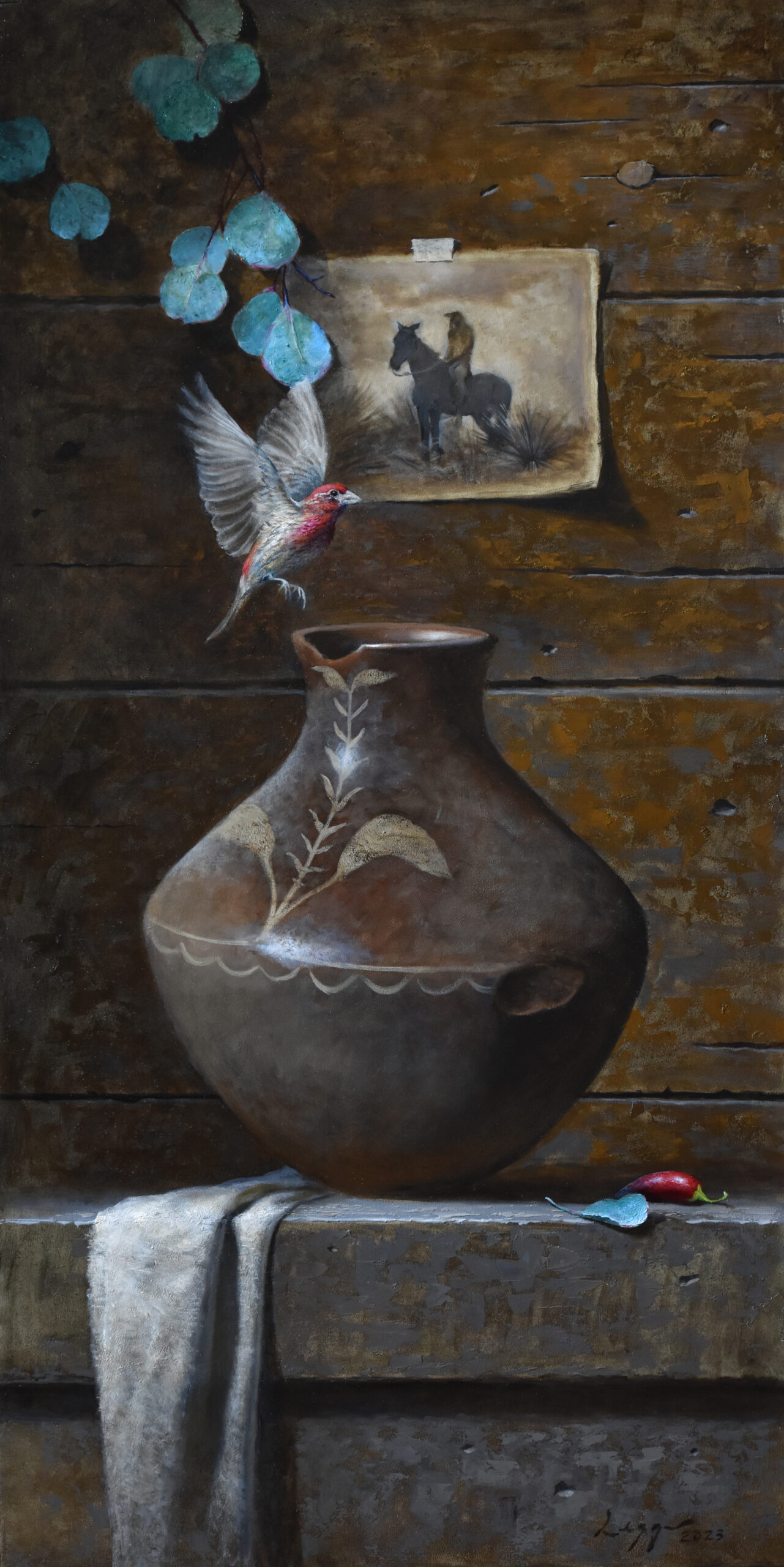 still life painting by jeff legg of a vase on a table, a photograph taped to the wall behind it and a hummingbird in the process of landing on the rim of the vase
