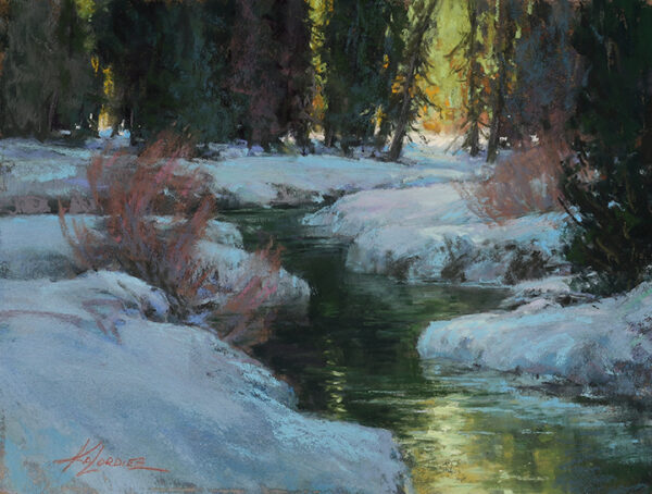 painting by kim lordier of a snow banked mountain stream with reflections