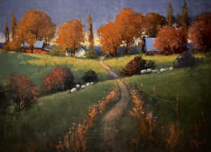 painting by romona younquist of sheep around a dirt path leading to a farm