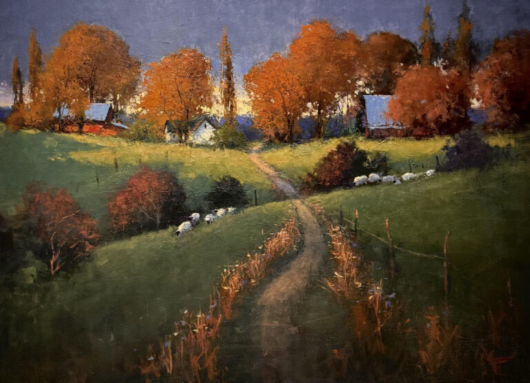 painting by romona younquist of sheep around a dirt path leading to a farm